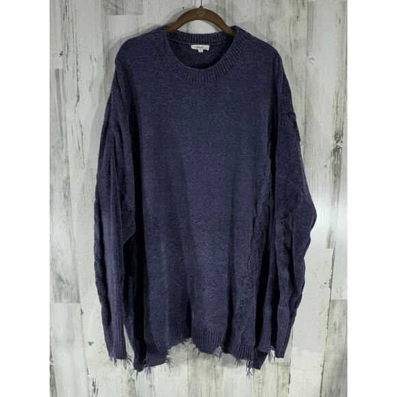 Easel Sweater Size 3x Dark Blue Chenille Chunky Distressed Hem Cuff Cableknit - Picture 1 of 8